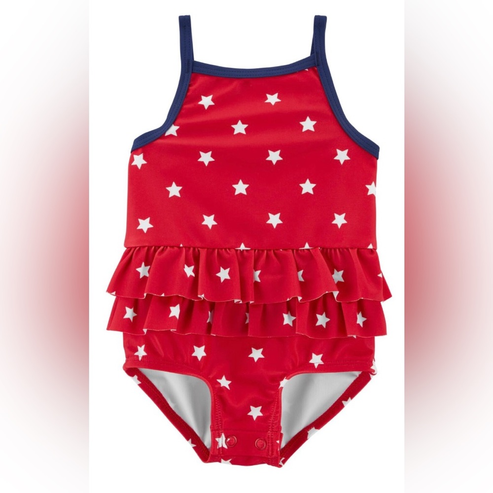New Carter’s Baby girl Red White Stars Ruffle 1-Piece Swimsuit 12m 12 Month USA